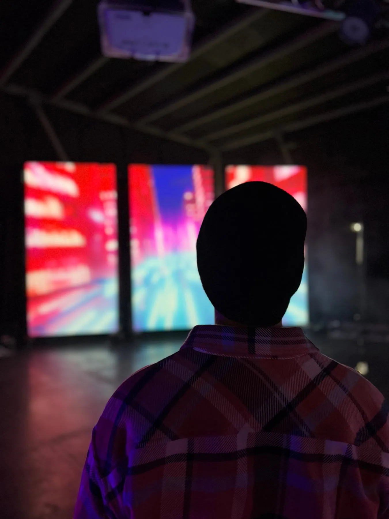 Visitor silhouetted in front of three glowing city-light projection panels at the Nocturnal installation
