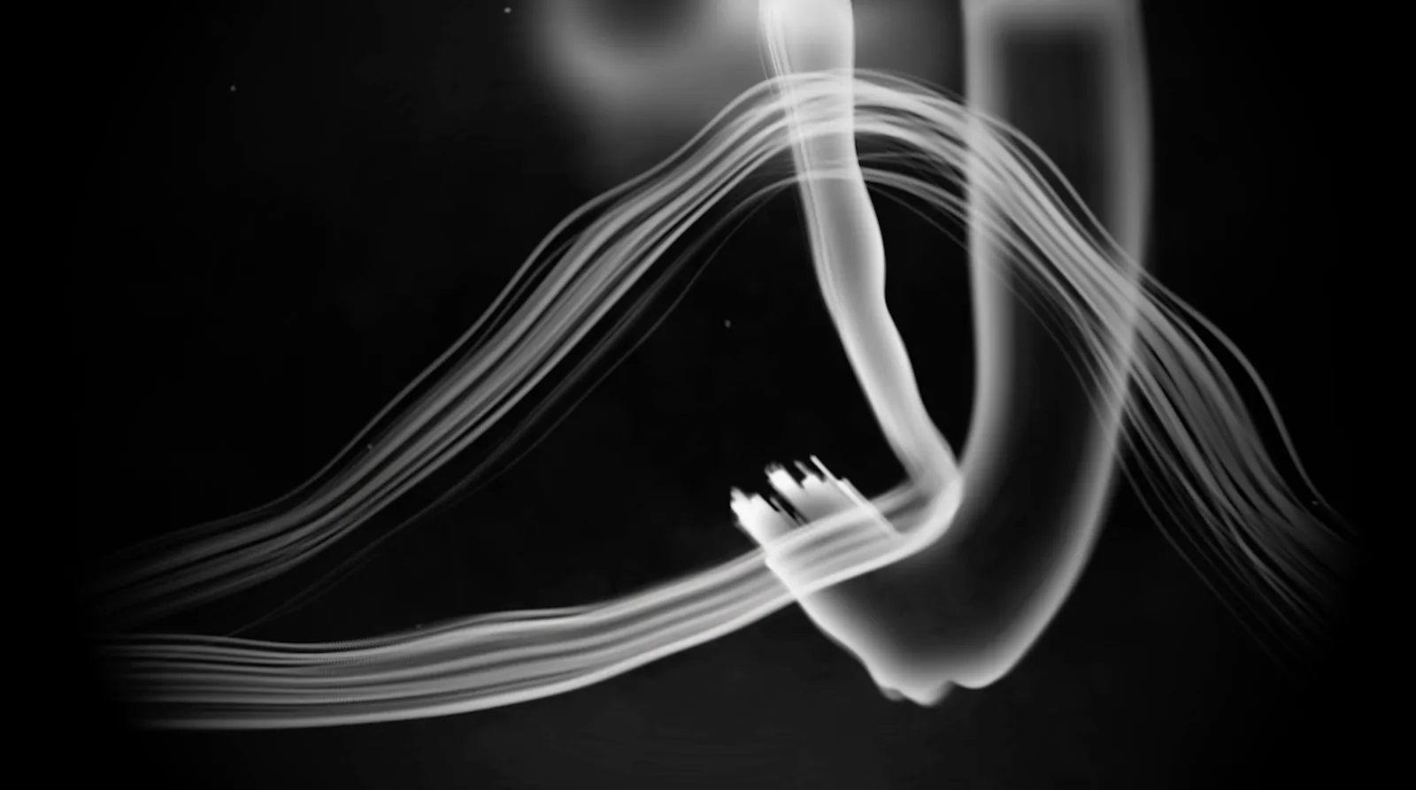 White paint-stroke ribbons and an ink splash floating against black, still from the Paintscape loop