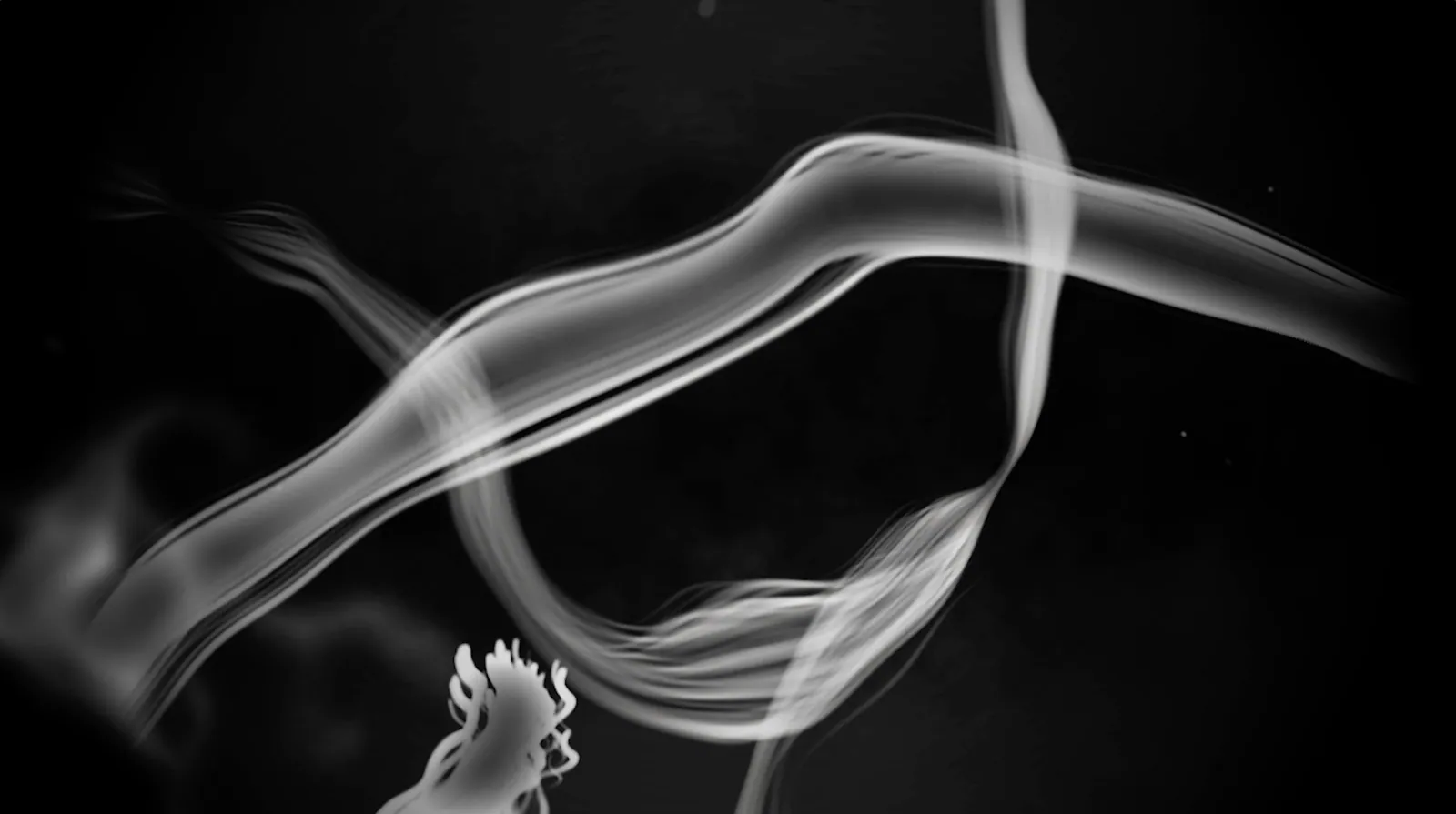 Swirling white brush strokes and drifting ink in dark space, still from the Paintscape loop
