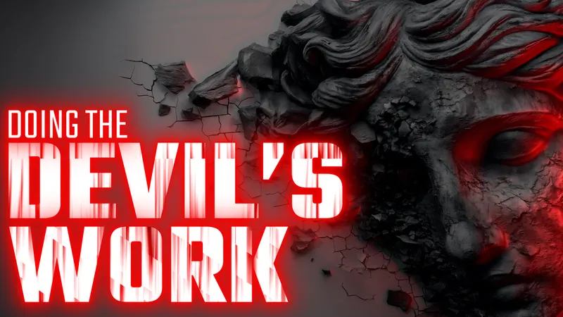 Doing the Devil's Work logo in red and white beside a cracked stone statue face