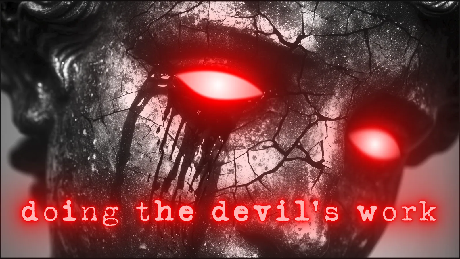 Cracked stone face with glowing red eyes above lowercase red Doing the Devil's Work type