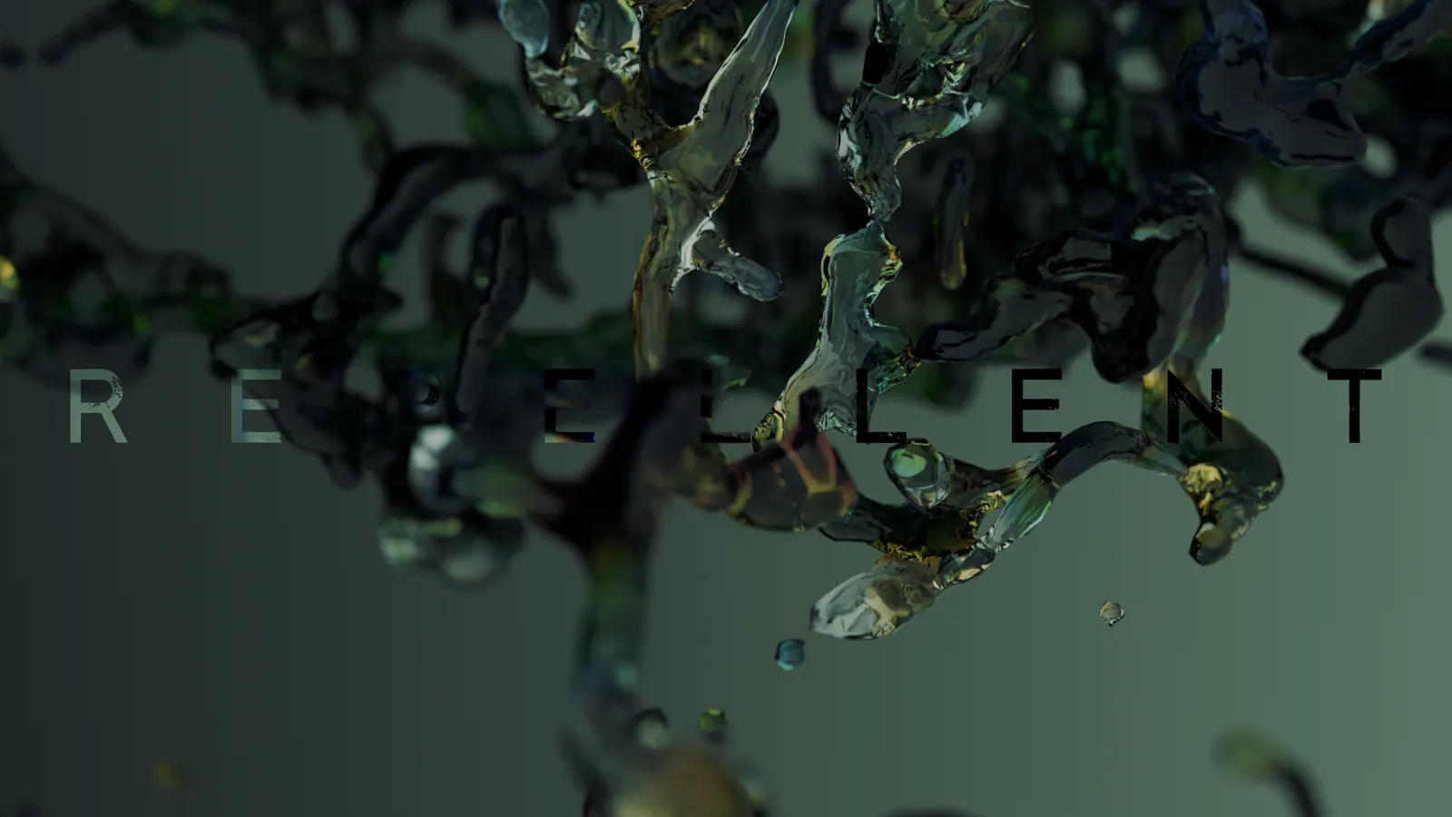 Dark iridescent fluid splashing across the spaced-out word Repellent on a muted green background