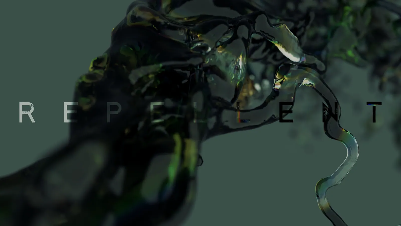 Swirling dark fluid forms passing over the Repellent title, 3D fluid simulation