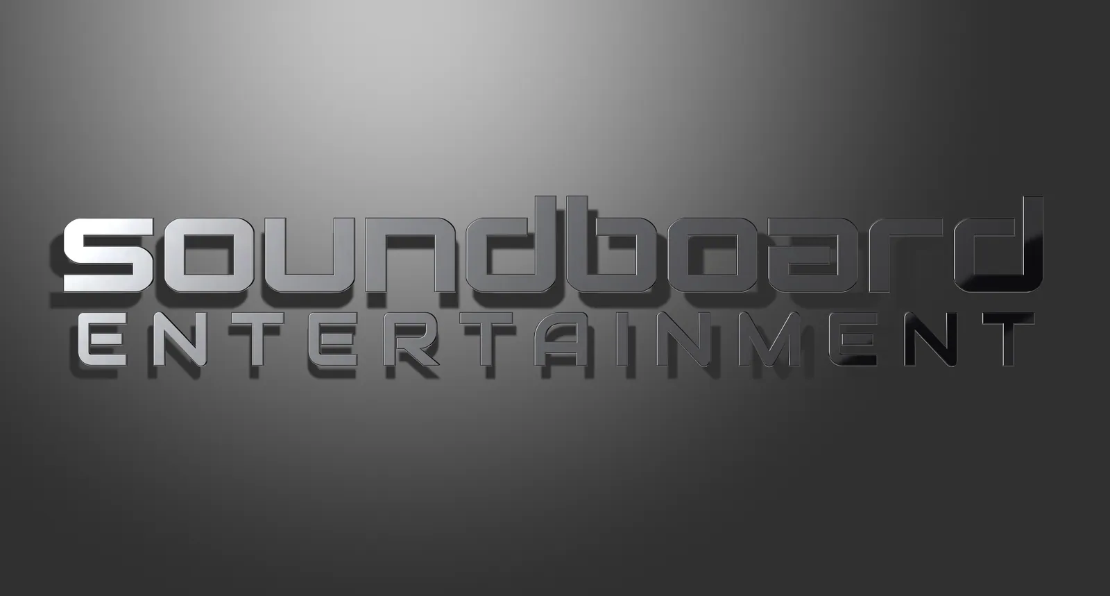Chrome 3D Soundboard Entertainment logo under a soft spotlight on gray