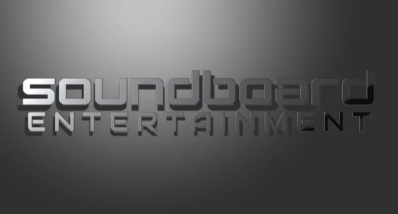 Chrome 3D Soundboard Entertainment logo under a soft spotlight on gray