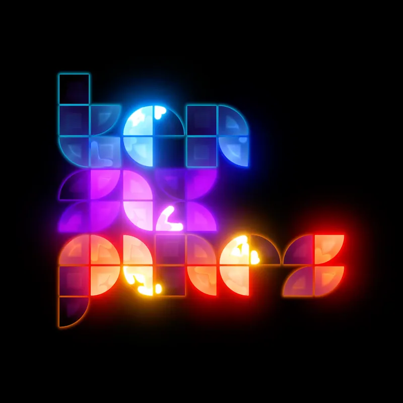 Ten Six Pines tiled logo glowing in blue, purple, orange and red neon on black