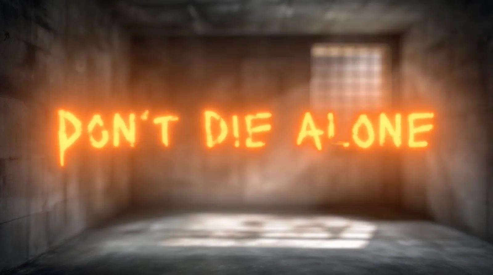 Glowing orange Don't Die Alone lettering in a dim concrete cell, frame from the animated lyric video