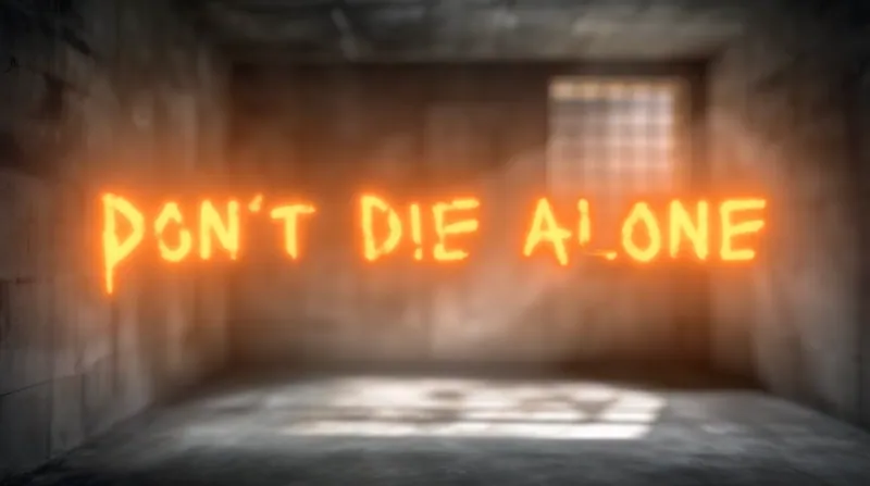 Glowing orange Don't Die Alone lettering in a dim concrete cell, frame from the animated lyric video