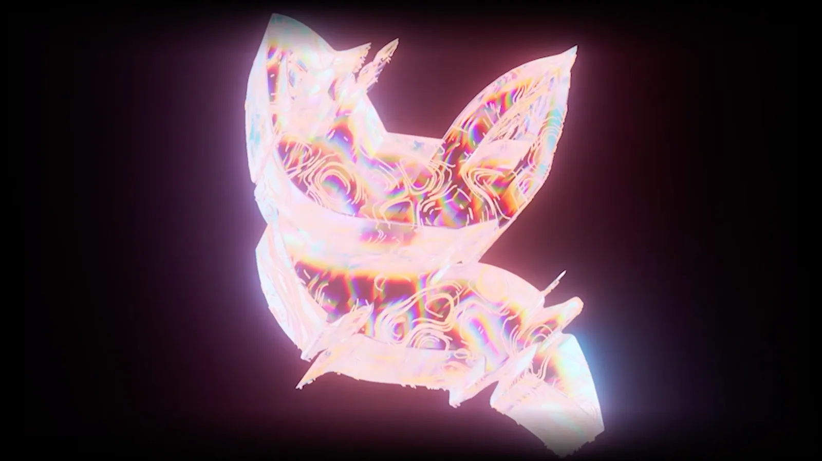 Iridescent abstract 3D form glowing pink and white, Jackal live visuals