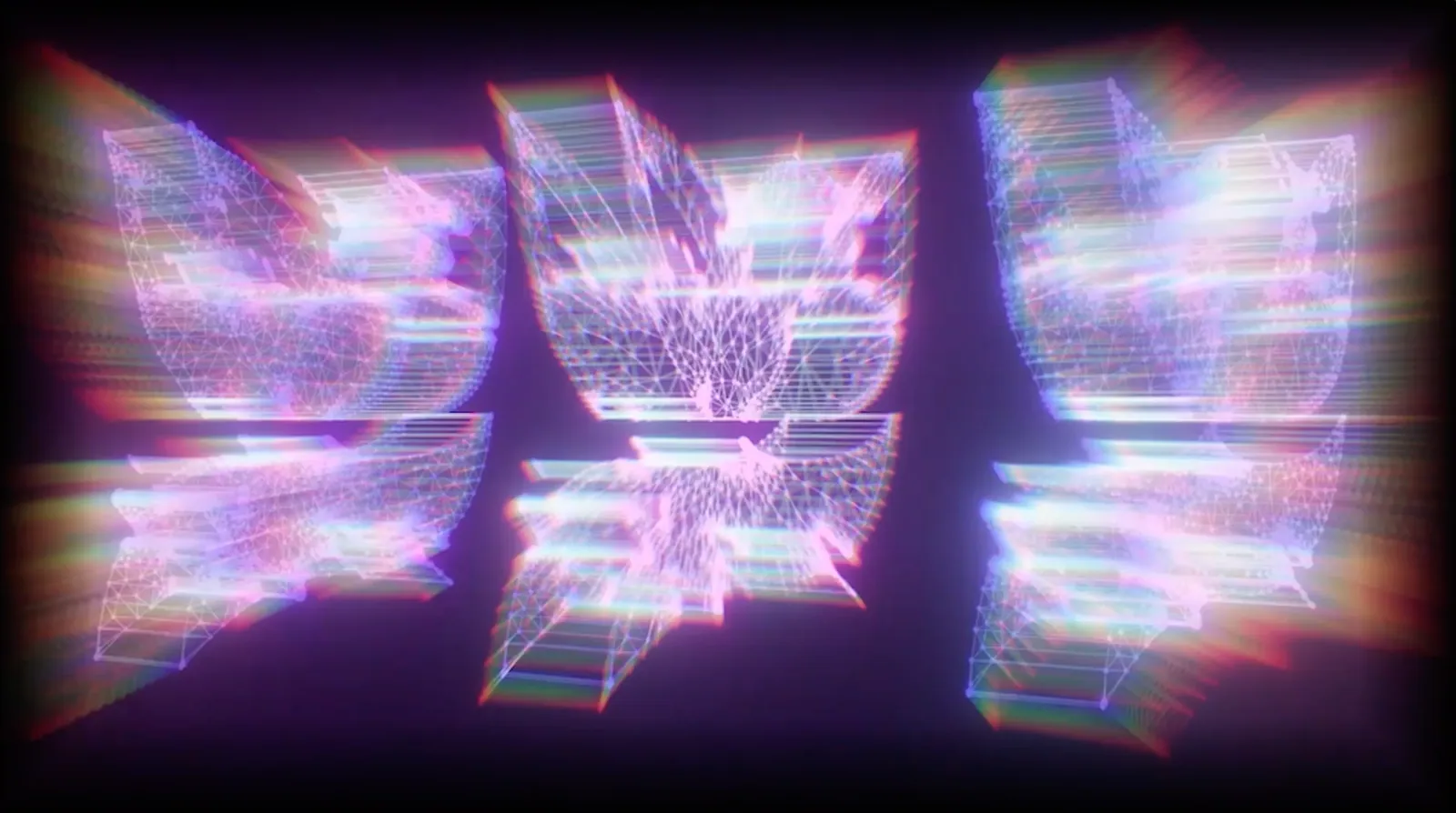 Repeated prismatic wireframe forms with a chromatic glow, Jackal live visuals